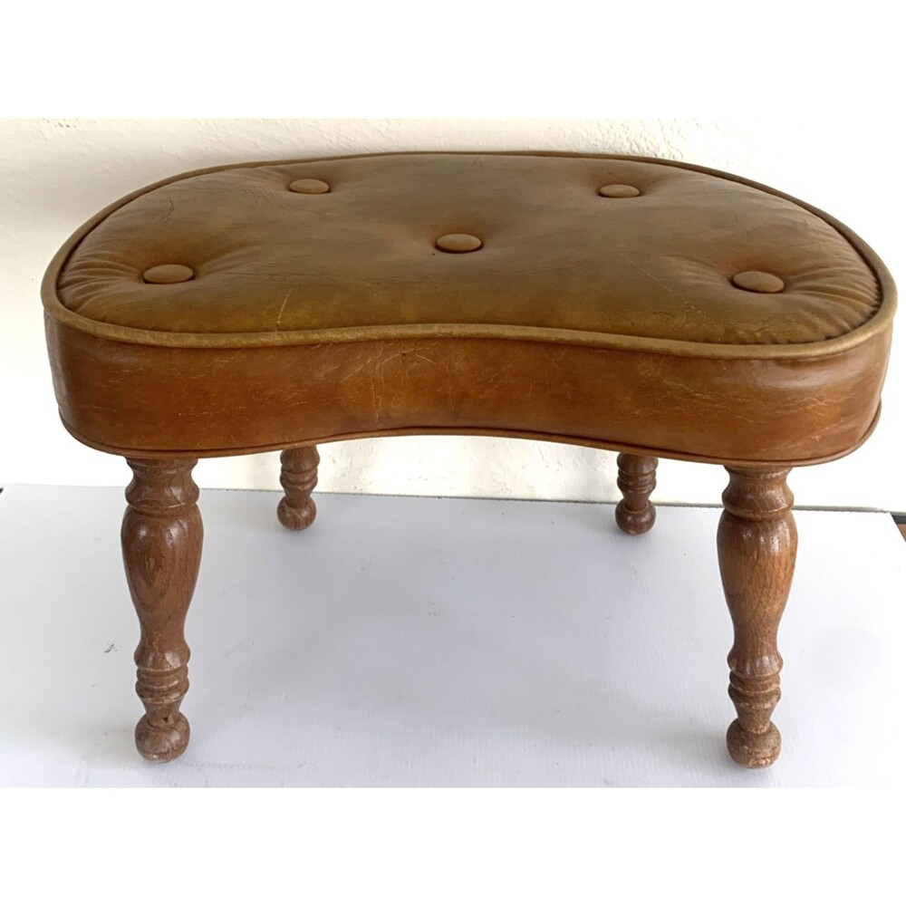 Vintage MCM Crawford Mfg Vinyl Covered Ottoman w/ Wood Legs Brown Kidney Bean